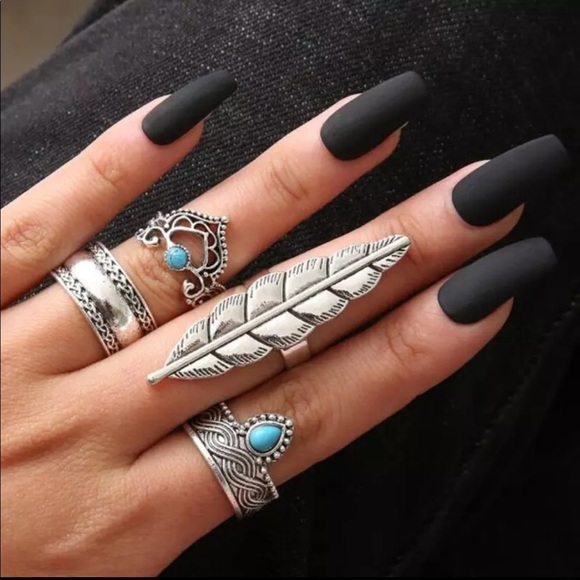 Jewelry - Grand Feather Turquoise Silver Tone Ring Set of 4